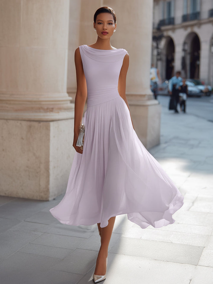 Women's Sleeveless Pleated Midi Dress with Draped Neck
