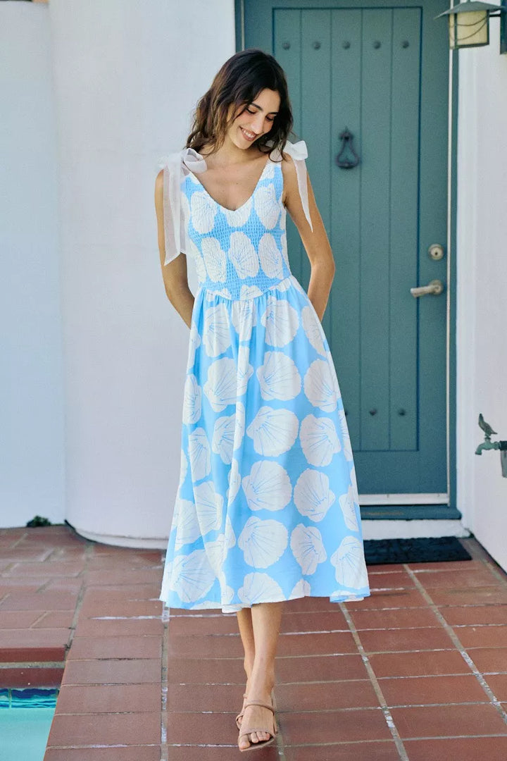 Brynn | Shell Print Shoulder Tie Midi Dress