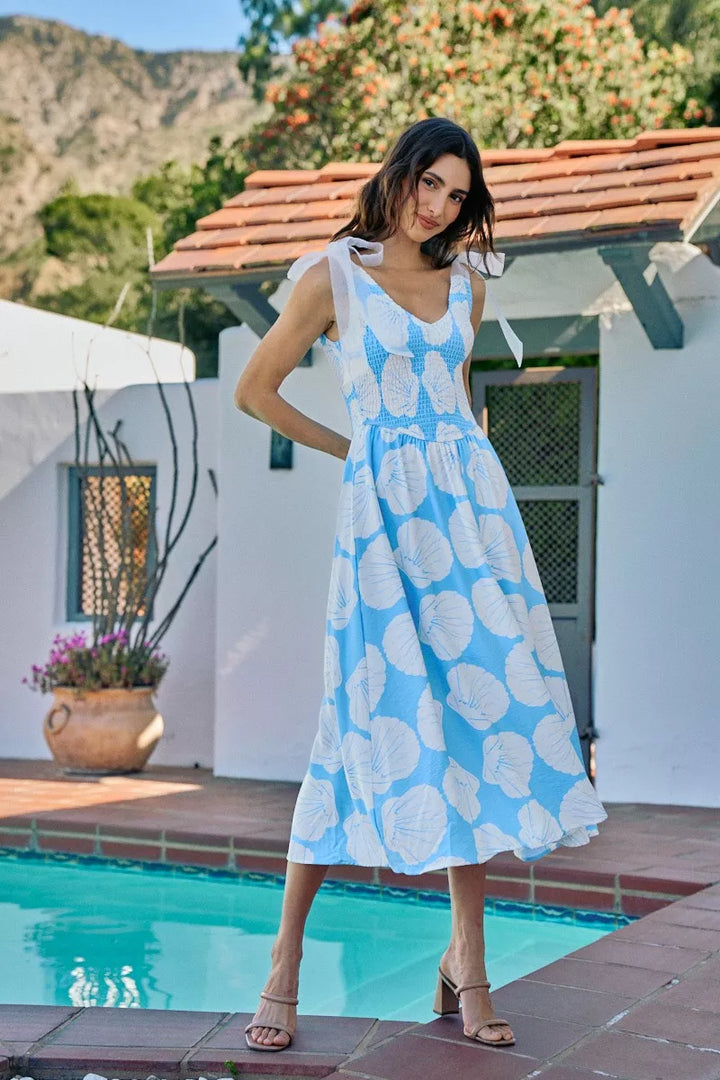 Brynn | Shell Print Shoulder Tie Midi Dress