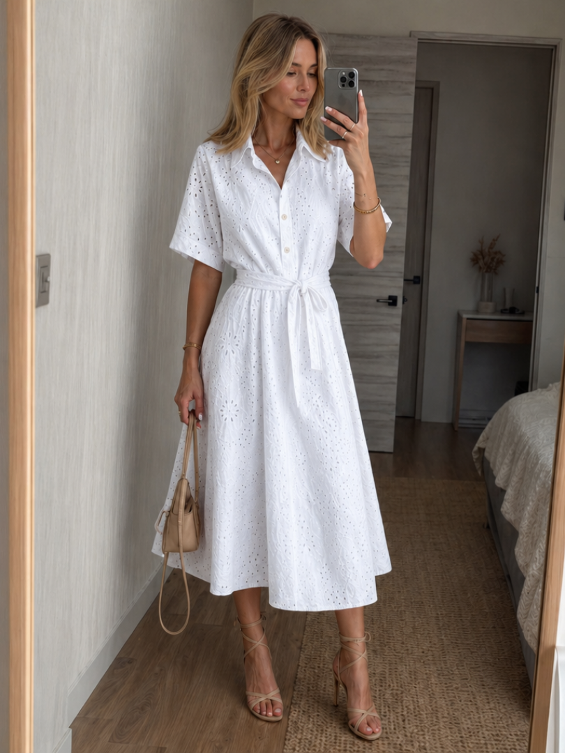 Eden | Short Sleeve Button Front Waist Tie Midi Dress