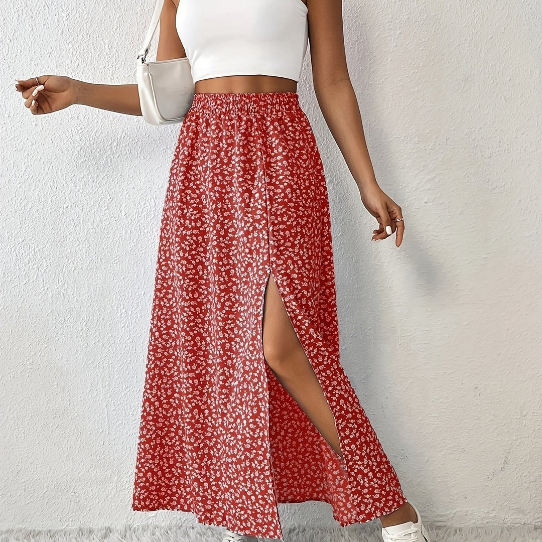 Vanessa | Red Ditsy Floral Split Maxi Skirt