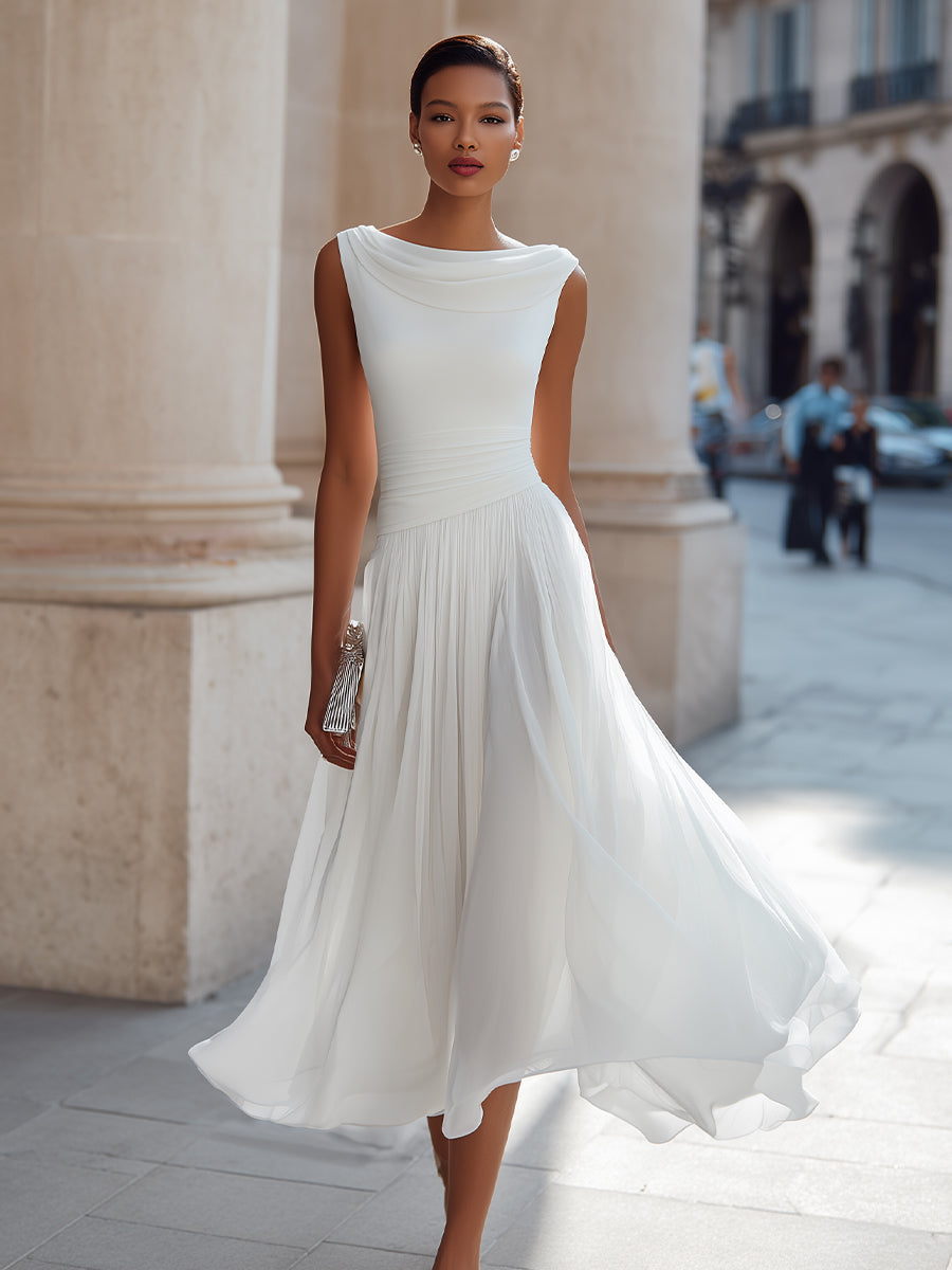 Women's Sleeveless Pleated Midi Dress with Draped Neck