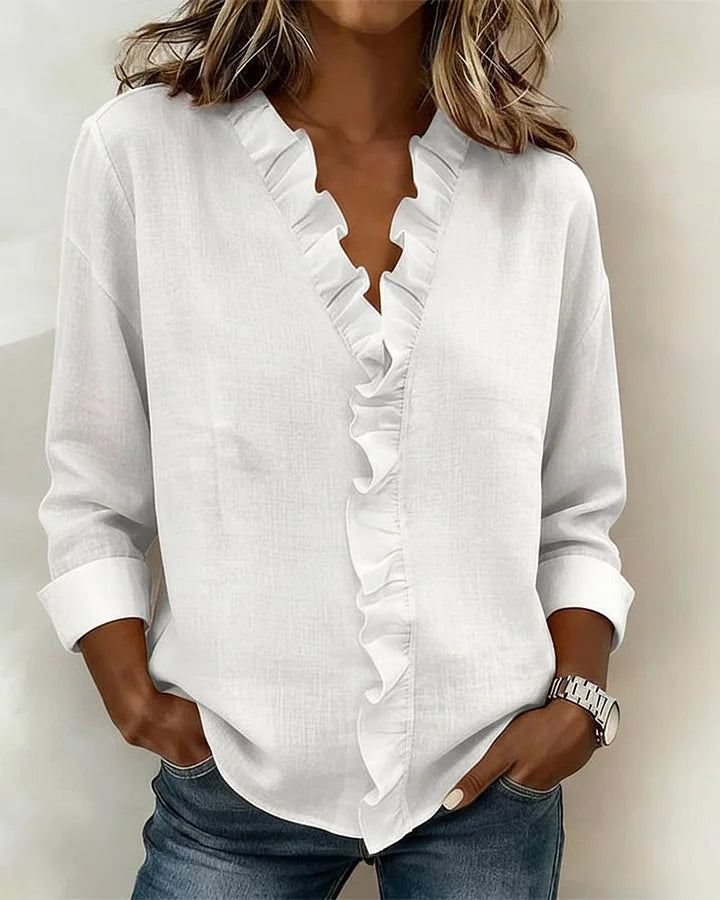 AIRA™|RUFFLED V-NECK BLOUSE