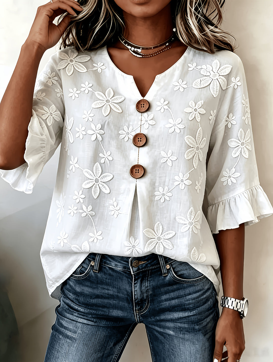 Whitney | Embroidered V-Neck Summer Blouse