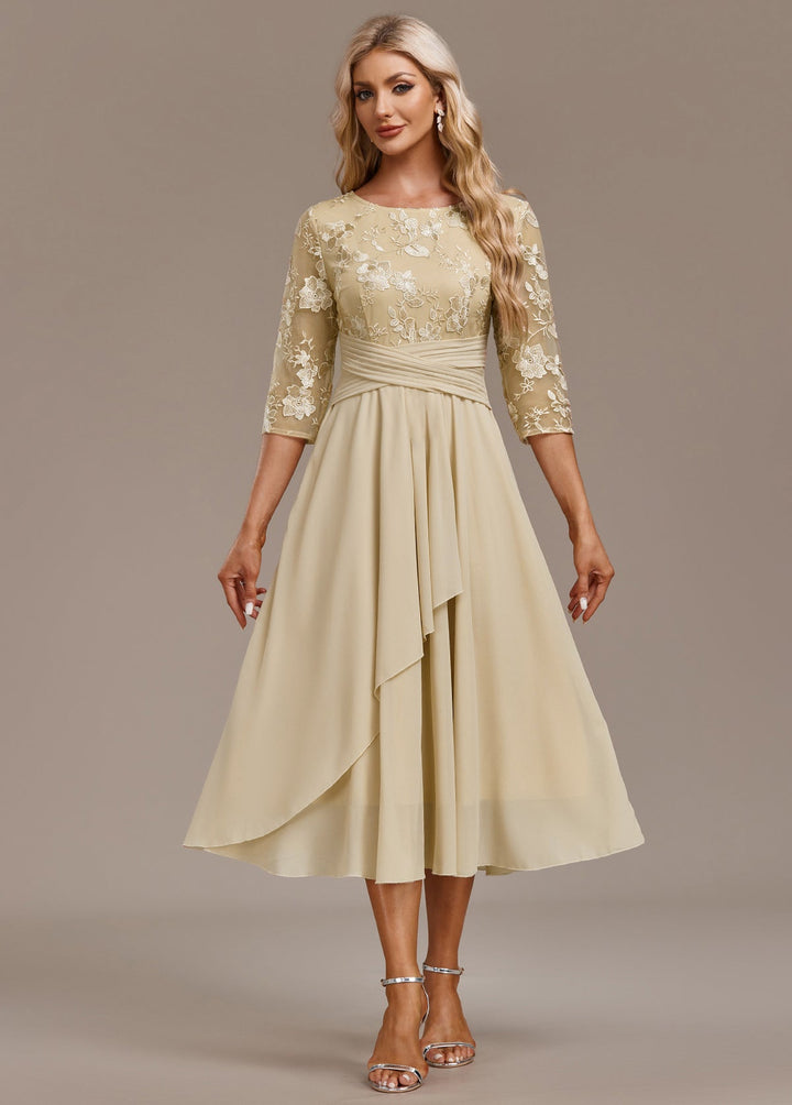Karla™ | Champagne FLoral 3/4 Sleeve Round Neck Dress
