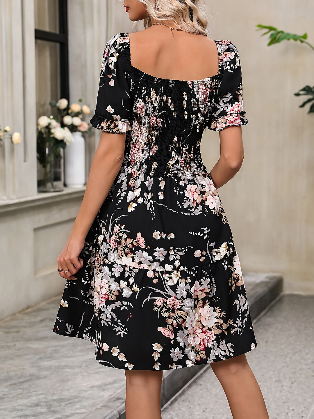 Denise | Floral Square Neck Ruffle Dress