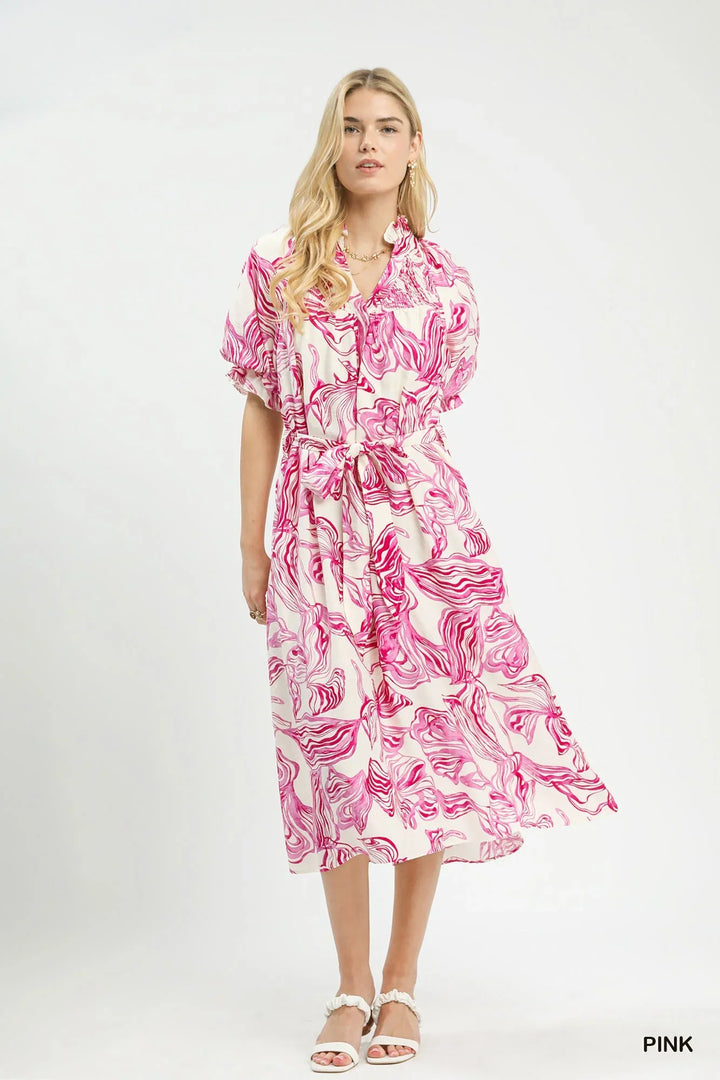 Willa | Abstract Print Smocked Midi Dress