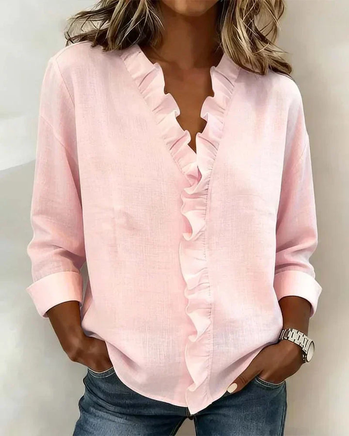 AIRA™|RUFFLED V-NECK BLOUSE