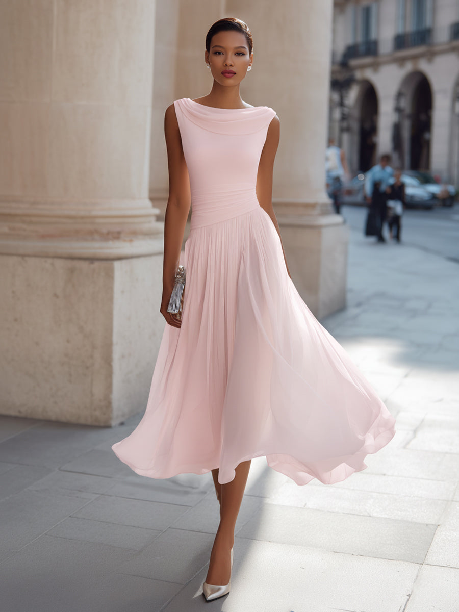 Women's Sleeveless Pleated Midi Dress with Draped Neck