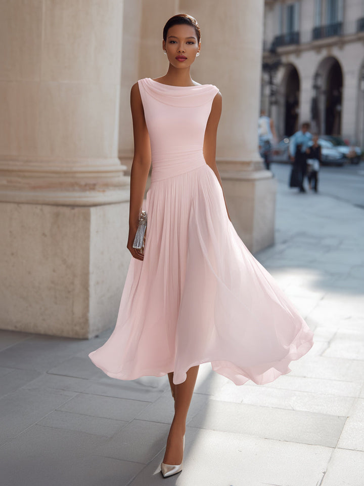 Women's Sleeveless Pleated Midi Dress with Draped Neck
