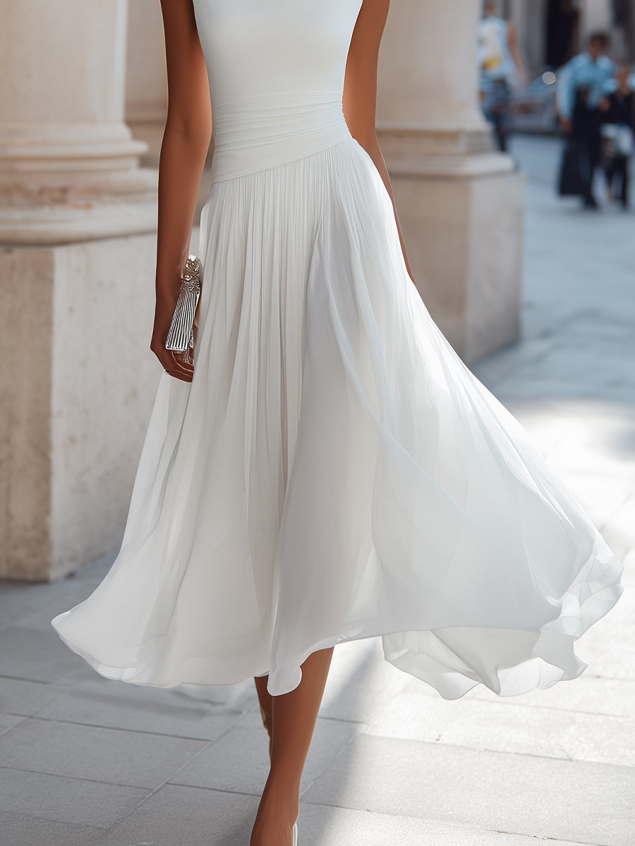 Women's Sleeveless Pleated Midi Dress with Draped Neck