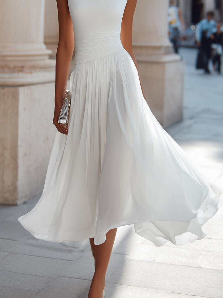 Women's Sleeveless Pleated Midi Dress with Draped Neck