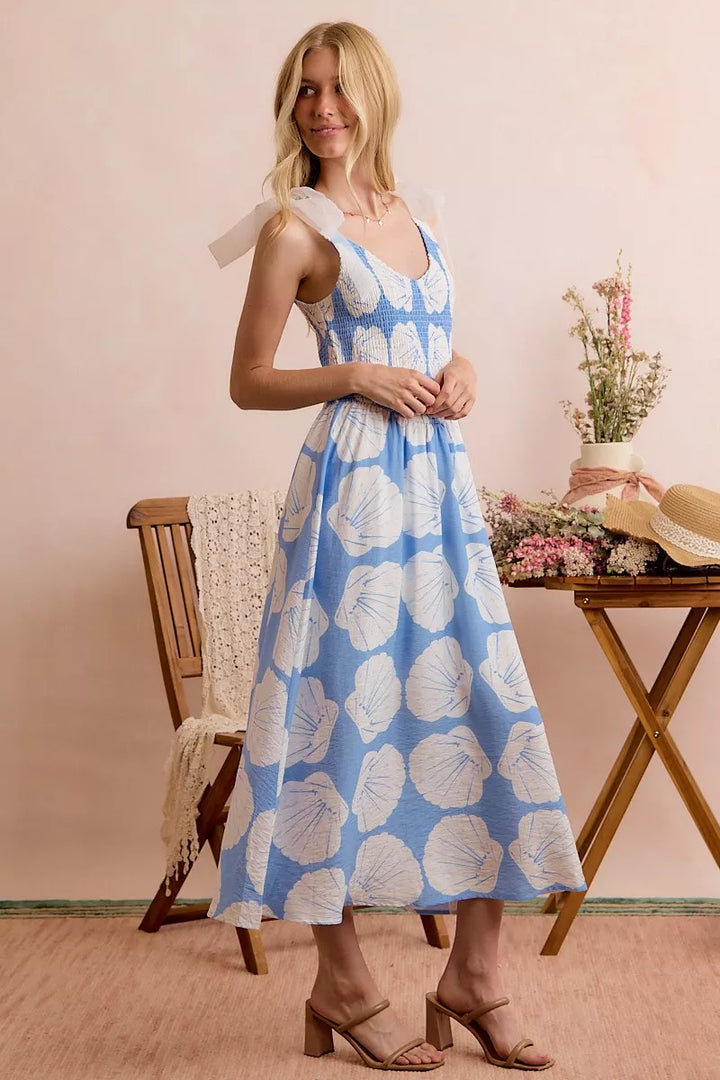 Brynn | Shell Print Shoulder Tie Midi Dress