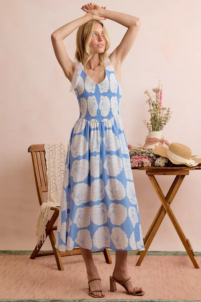 Brynn | Shell Print Shoulder Tie Midi Dress