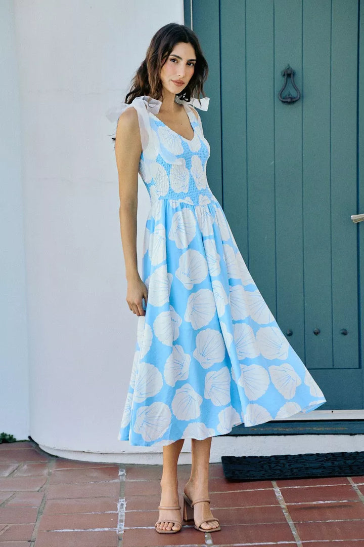 Brynn | Shell Print Shoulder Tie Midi Dress