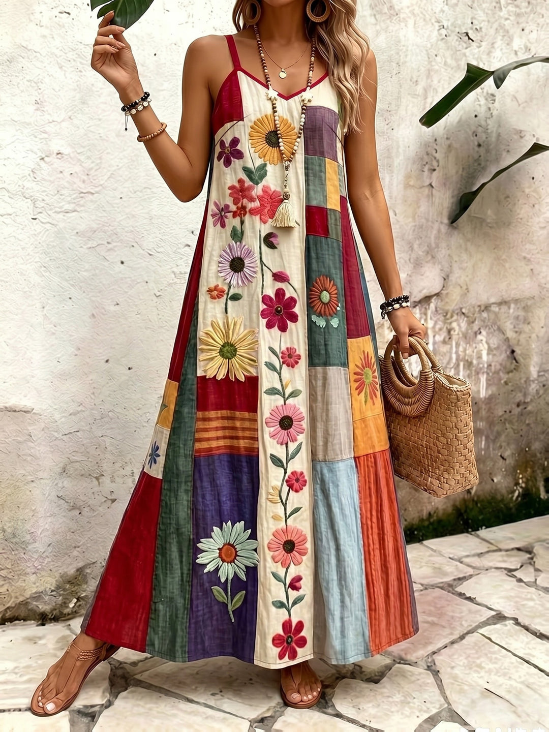 Wine Red Ethnic Style Patchwork Suspender Dress V-neck A- Line Bohemian Style Vacation Dress