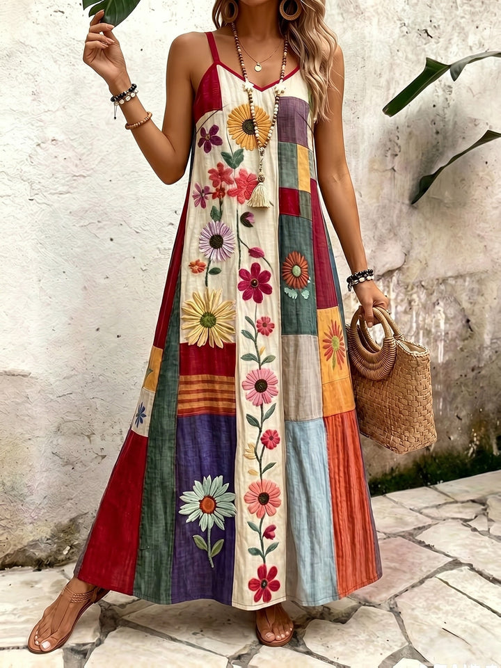 Wine Red Ethnic Style Patchwork Suspender Dress V-neck A- Line Bohemian Style Vacation Dress