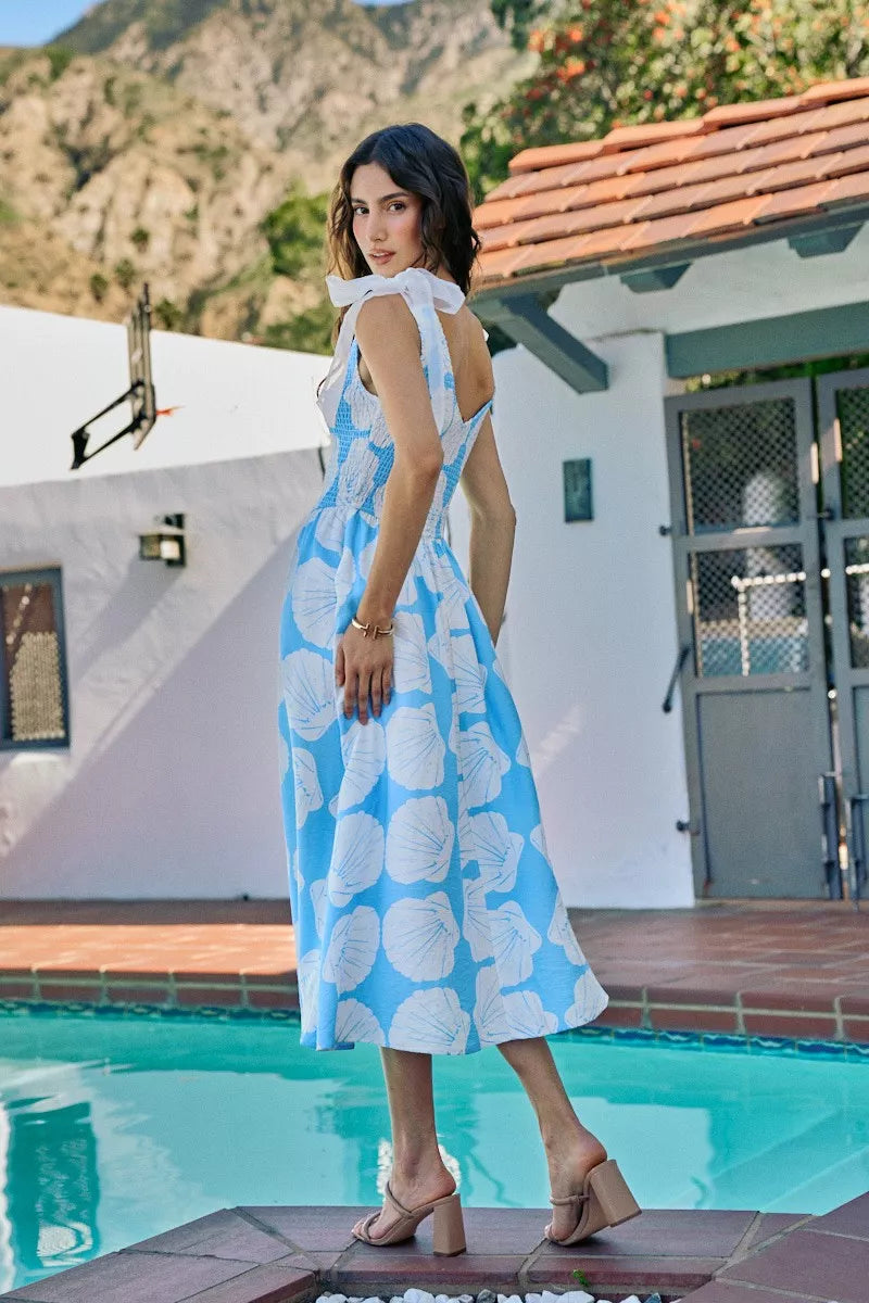 Brynn | Shell Print Shoulder Tie Midi Dress