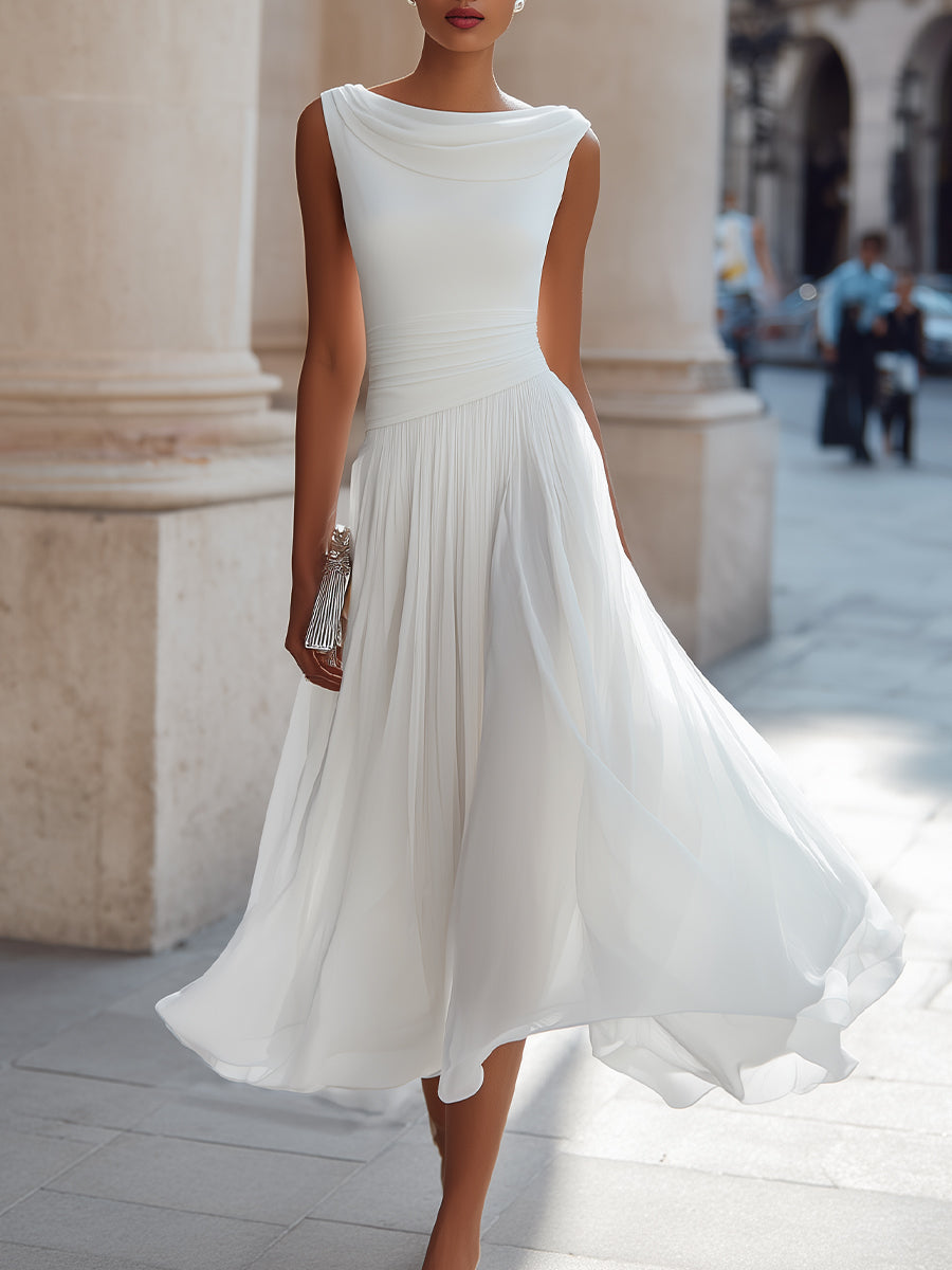 Women's Sleeveless Pleated Midi Dress with Draped Neck