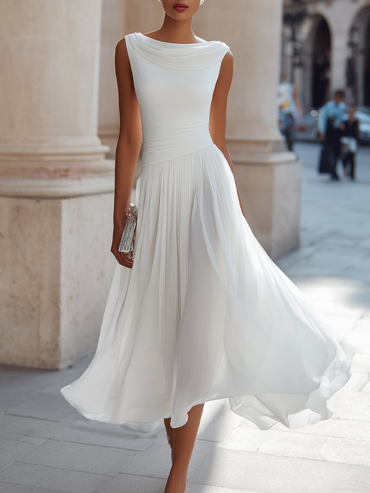 Women's Sleeveless Pleated Midi Dress with Draped Neck