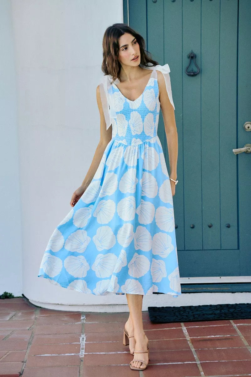 Brynn | Shell Print Shoulder Tie Midi Dress