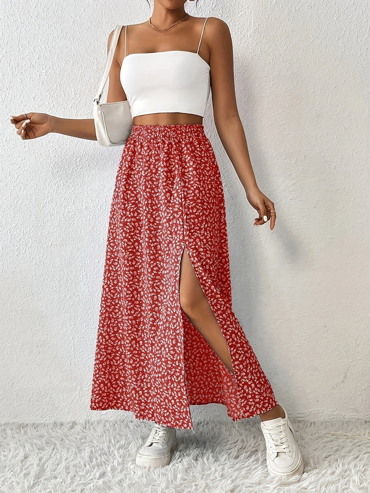 Vanessa | Red Ditsy Floral Split Maxi Skirt