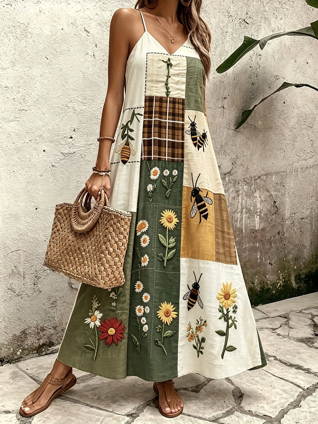 Wine Red Ethnic Style Patchwork Suspender Dress V-neck A- Line Bohemian Style Vacation Dress
