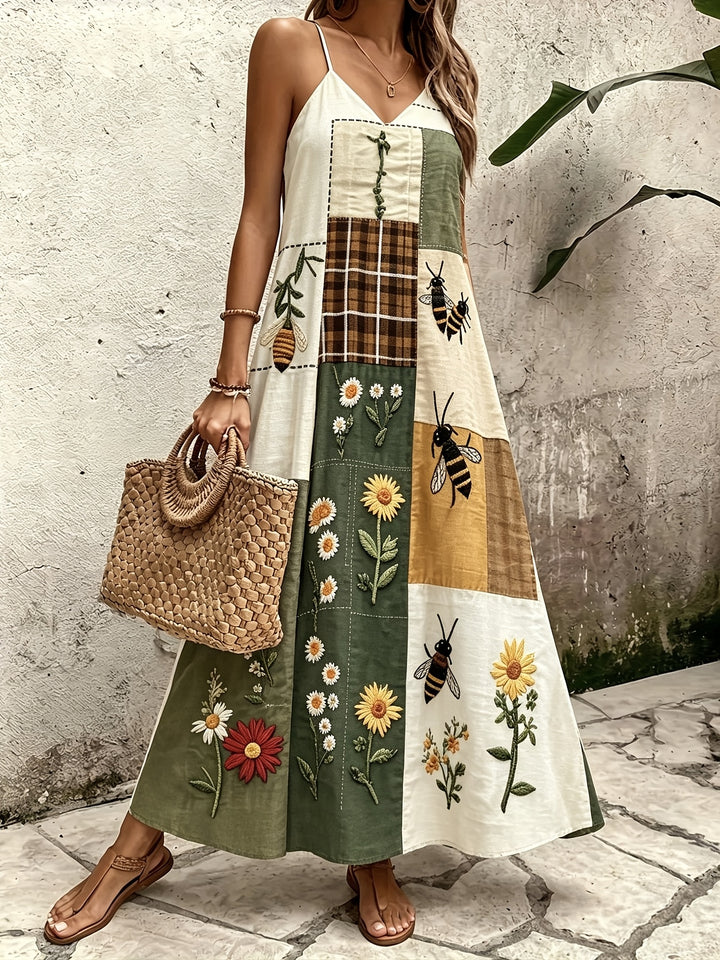 Wine Red Ethnic Style Patchwork Suspender Dress V-neck A- Line Bohemian Style Vacation Dress