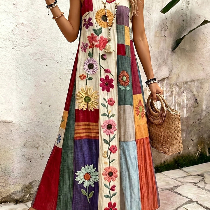 Wine Red Ethnic Style Patchwork Suspender Dress V-neck A- Line Bohemian Style Vacation Dress