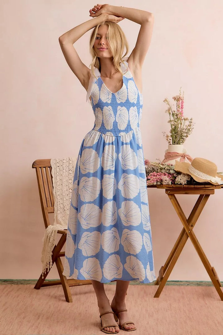 Brynn | Shell Print Shoulder Tie Midi Dress