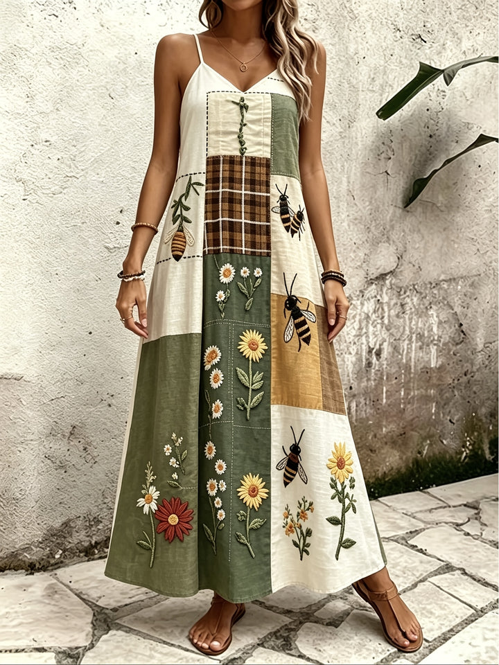 Wine Red Ethnic Style Patchwork Suspender Dress V-neck A- Line Bohemian Style Vacation Dress