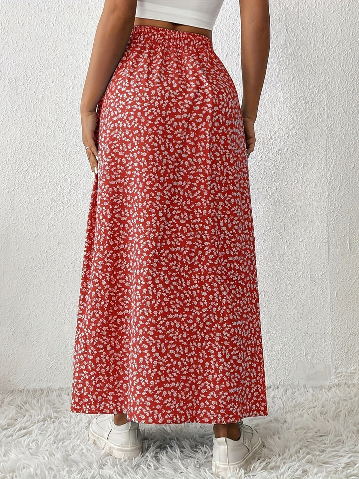 Vanessa | Red Ditsy Floral Split Maxi Skirt