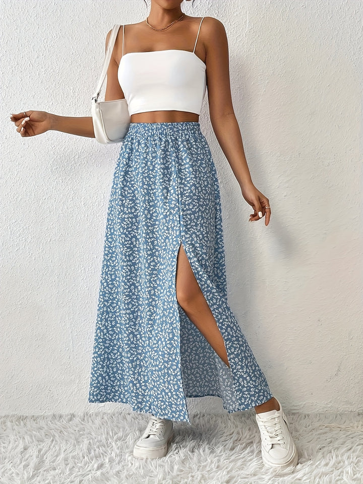 Vanessa | Red Ditsy Floral Split Maxi Skirt