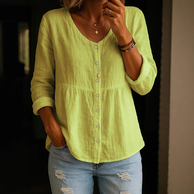 Alaina - Women's Cotton V-Neck Button Front Relaxed Blouse
