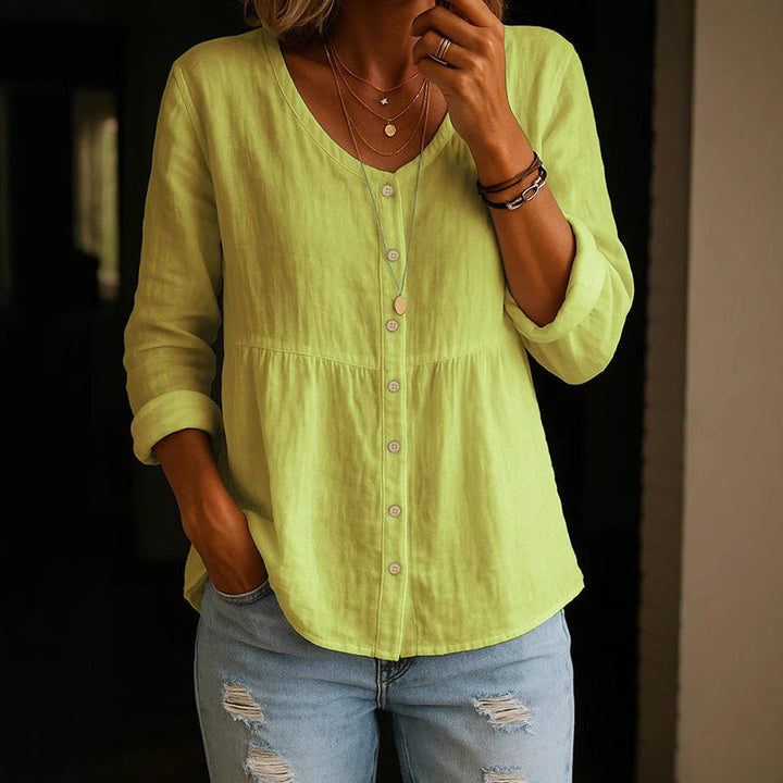 Alaina - Women's Cotton V-Neck Button Front Relaxed Blouse