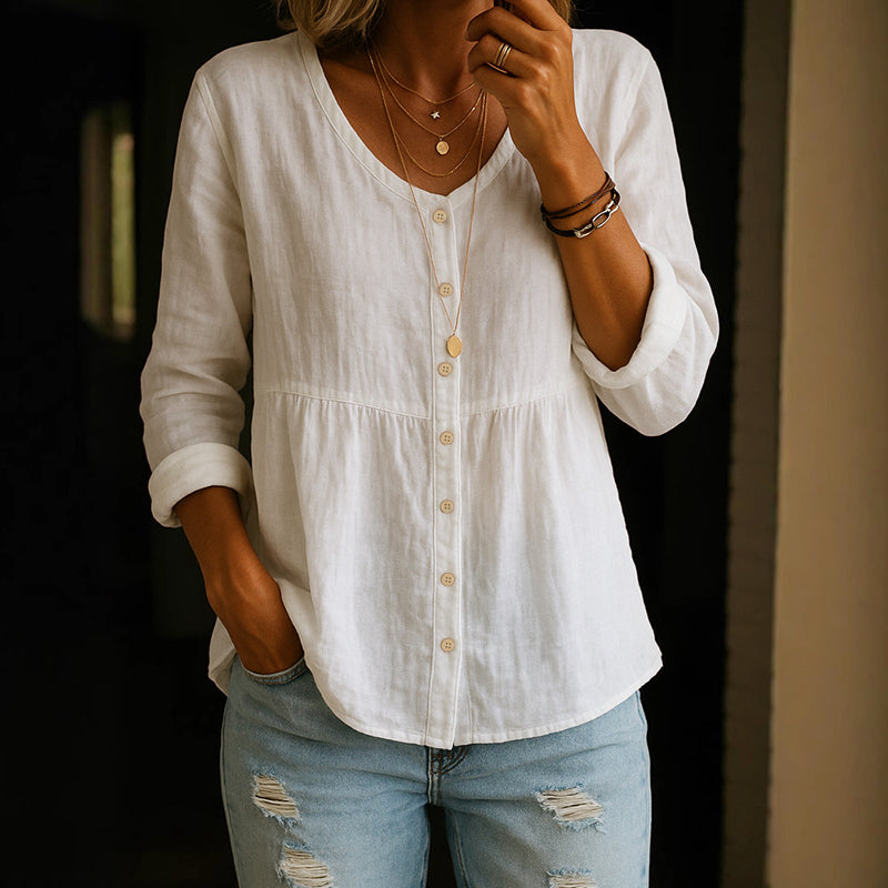 Alaina - Women's Cotton V-Neck Button Front Relaxed Blouse