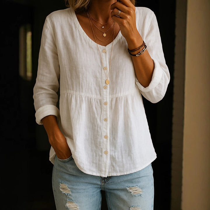 Alaina - Women's Cotton V-Neck Button Front Relaxed Blouse