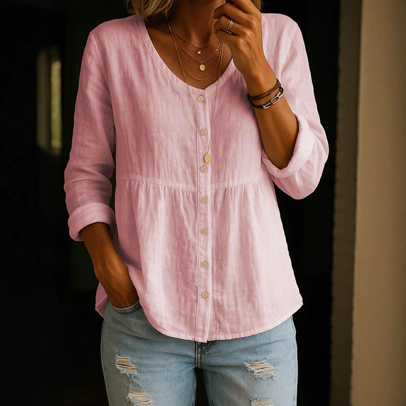 Alaina - Women's Cotton V-Neck Button Front Relaxed Blouse