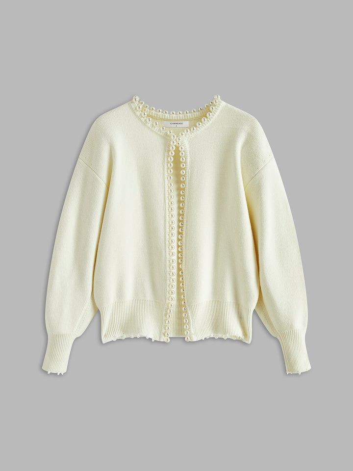 Pearl Trim Ripped Hem Cardigan