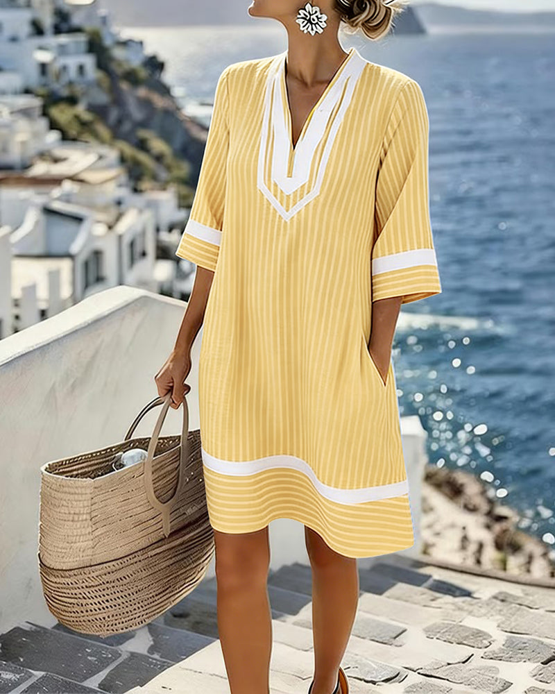 V-Neck Short Sleeve Striped Dress
