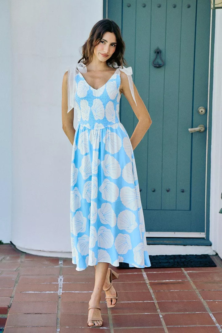 Brynn | Shell Print Shoulder Tie Midi Dress