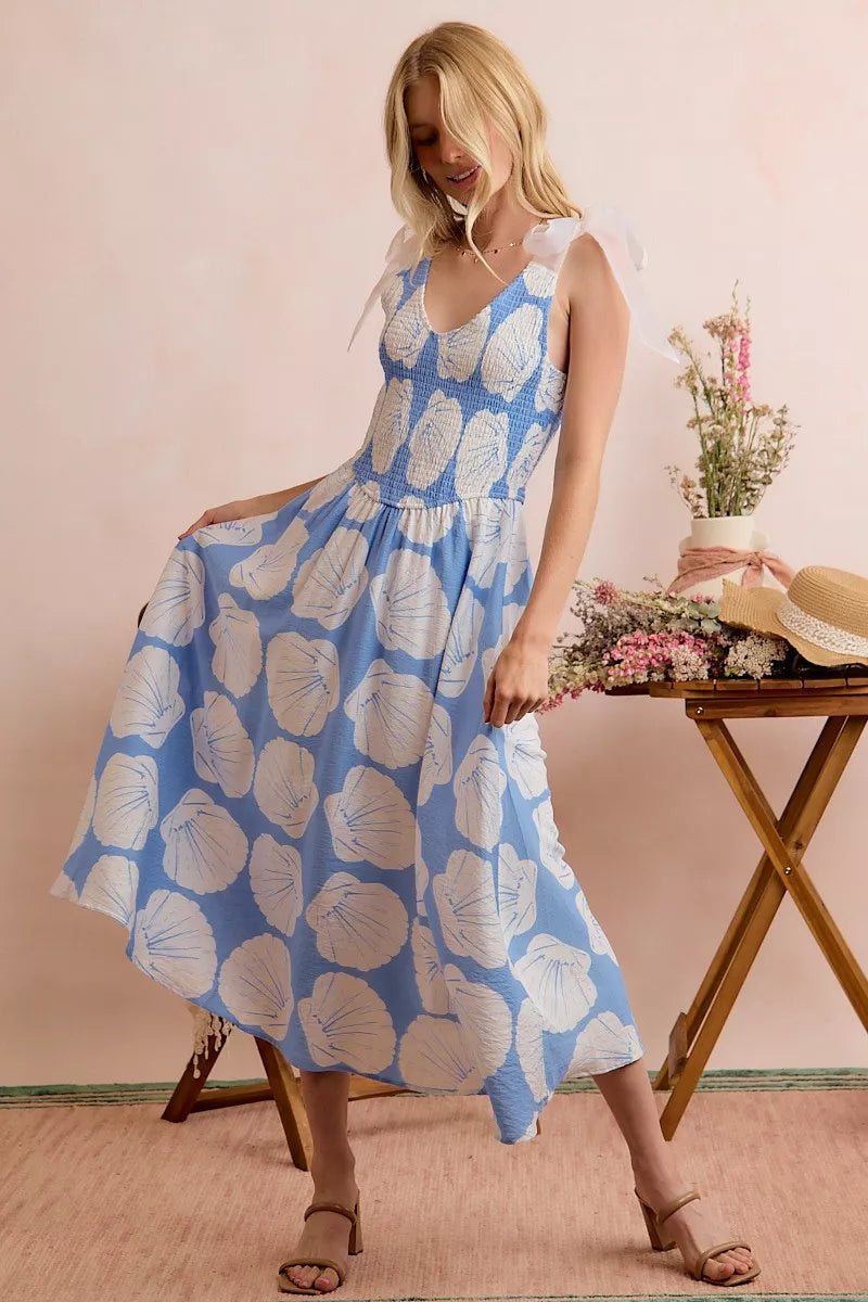 Brynn | Shell Print Shoulder Tie Midi Dress