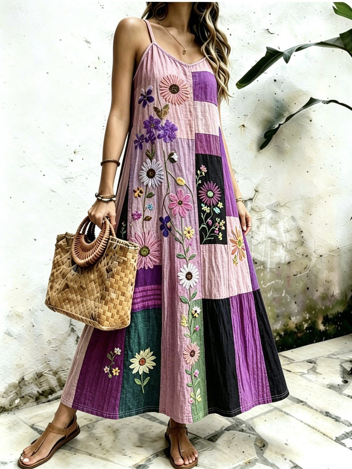 Wine Red Ethnic Style Patchwork Suspender Dress V-neck A- Line Bohemian Style Vacation Dress