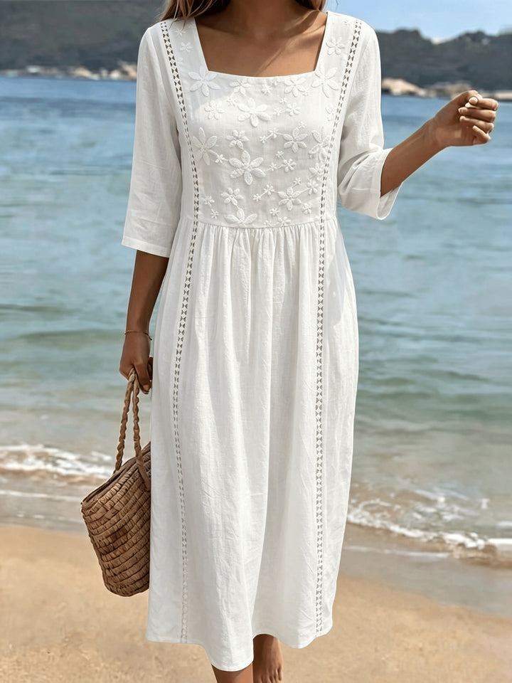 Rachel | Embroidered Square Neck A-Line Dress