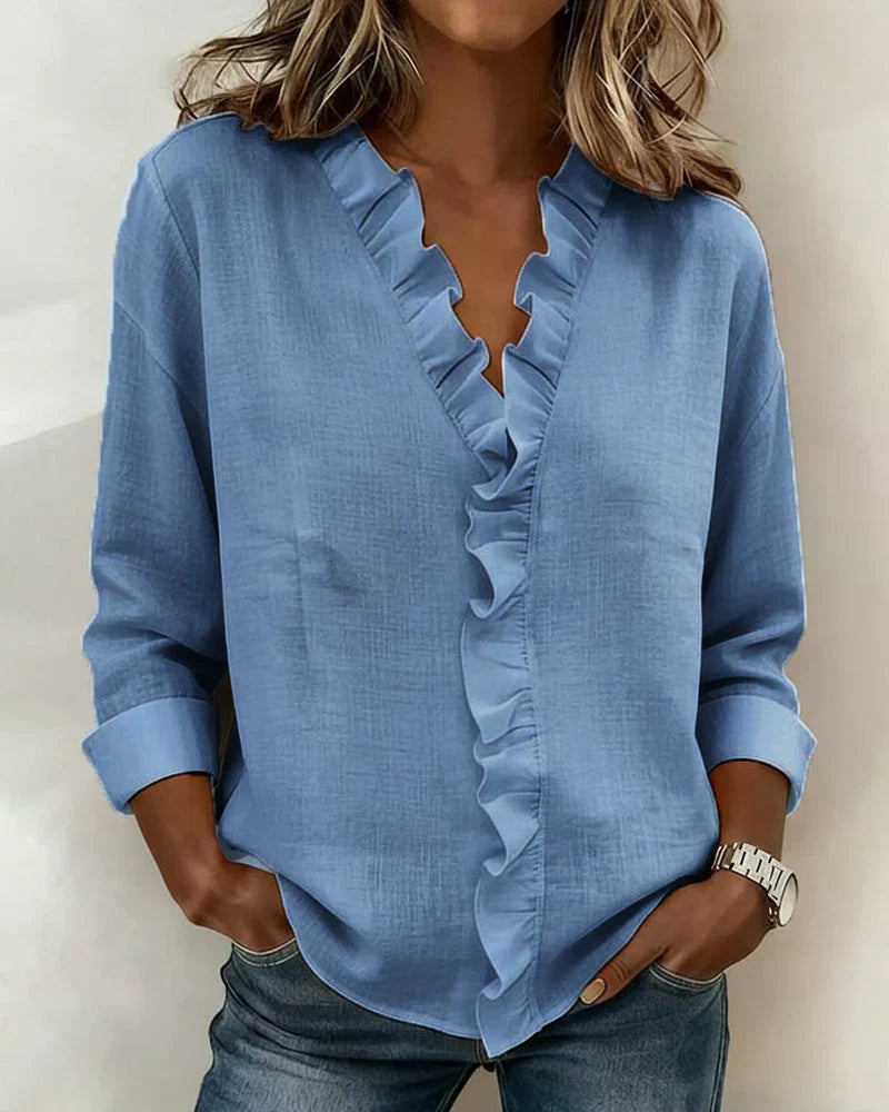 AIRA™|RUFFLED V-NECK BLOUSE