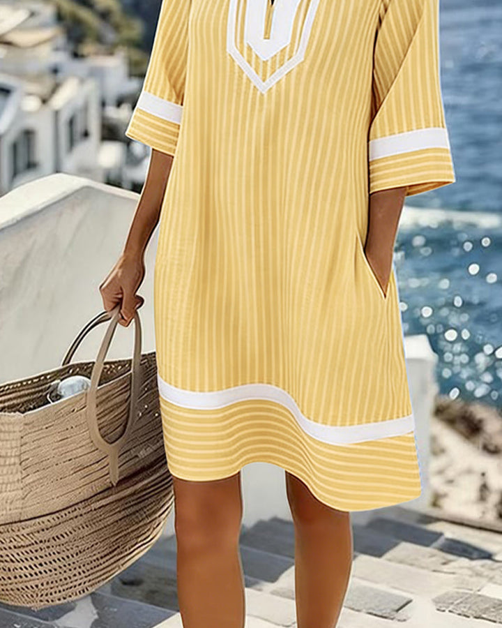 V-Neck Short Sleeve Striped Dress