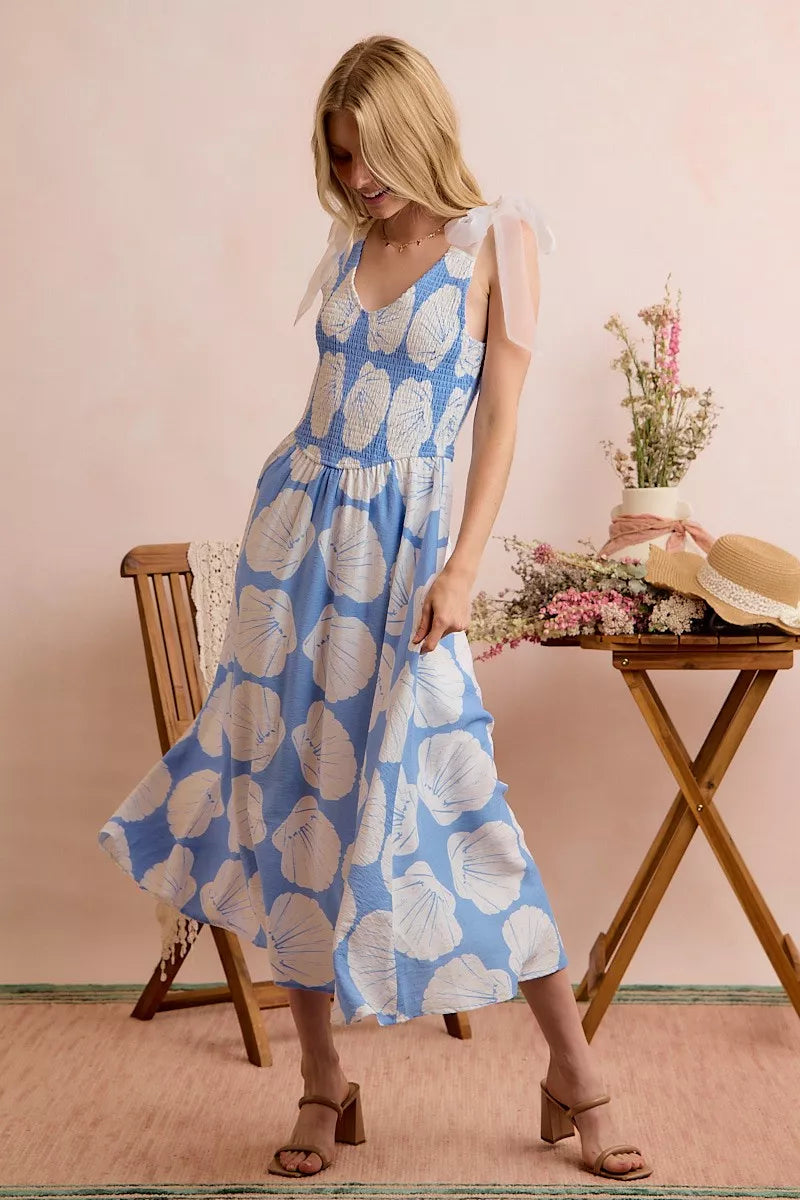 Brynn | Shell Print Shoulder Tie Midi Dress