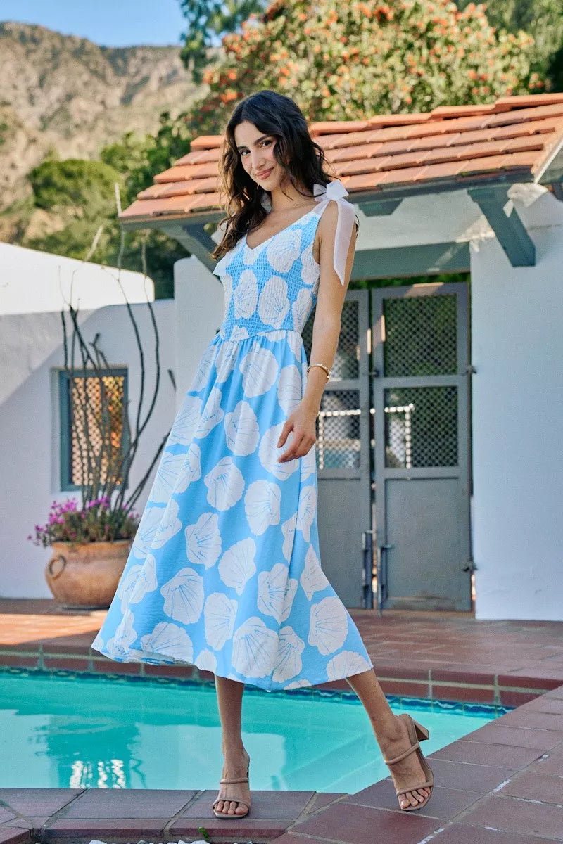 Brynn | Shell Print Shoulder Tie Midi Dress