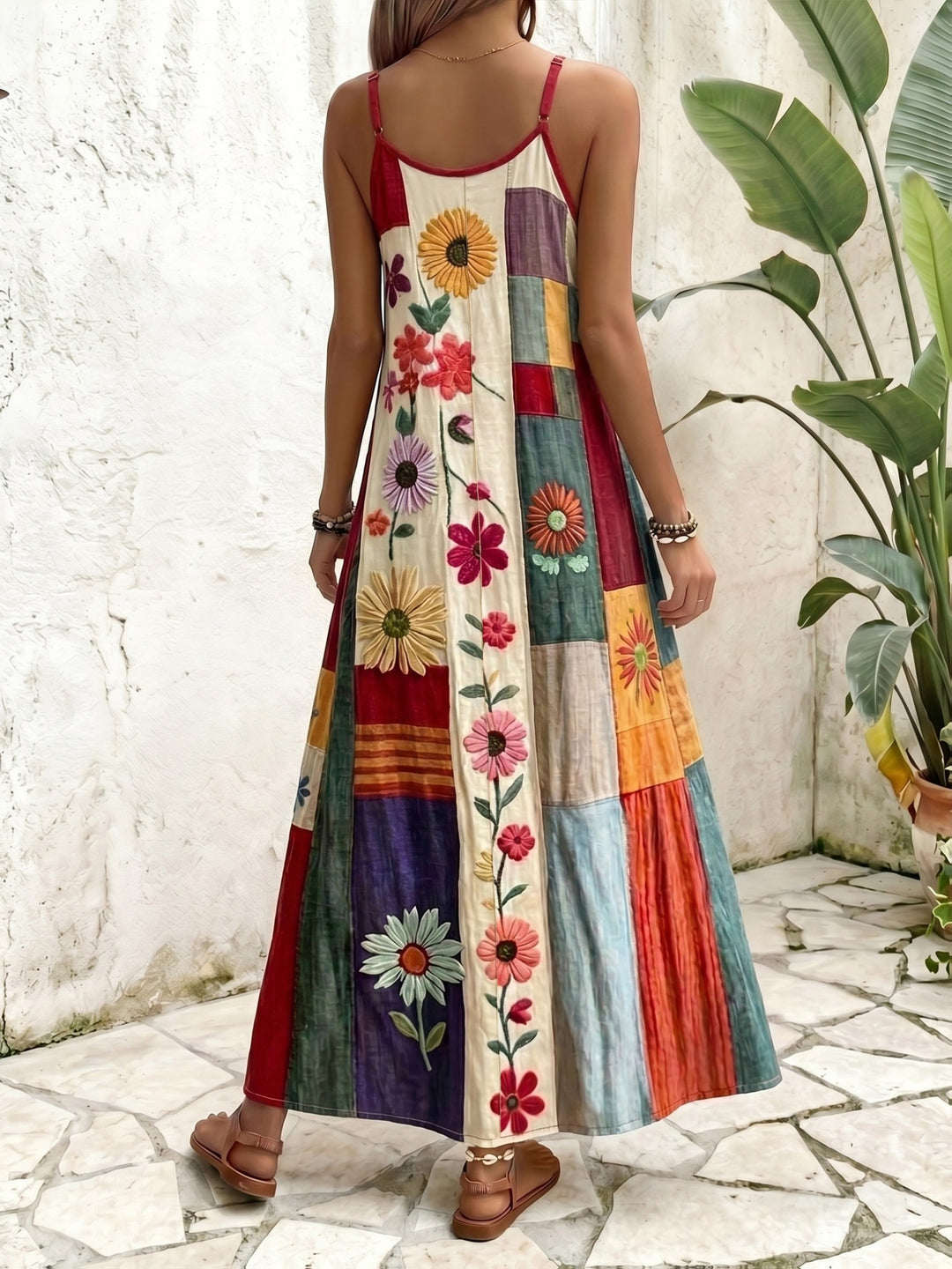 Wine Red Ethnic Style Patchwork Suspender Dress V-neck A- Line Bohemian Style Vacation Dress