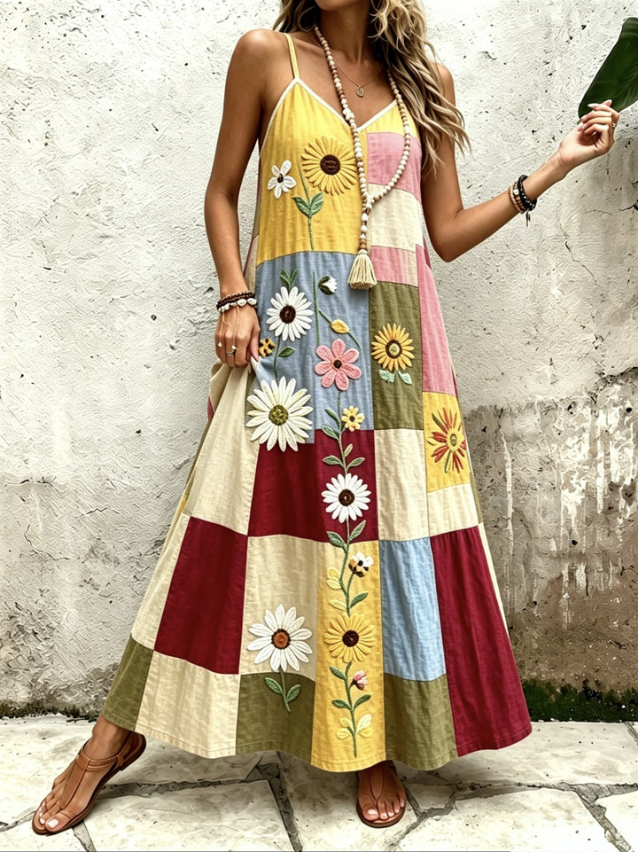 Wine Red Ethnic Style Patchwork Suspender Dress V-neck A- Line Bohemian Style Vacation Dress
